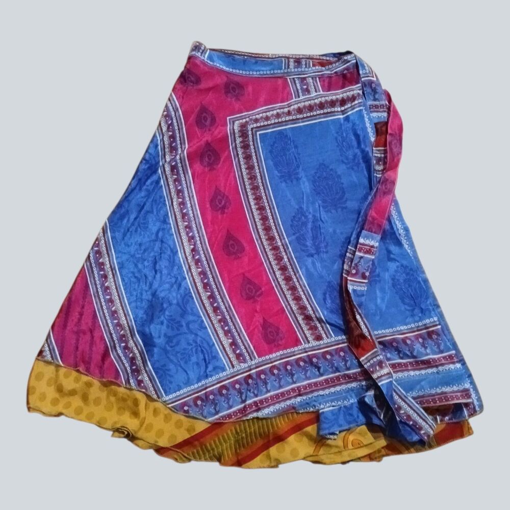 Darn Good Yarn Recycled Sari Silk Wrap Skirt Womens 14-20 Adjustable Boho Ankle